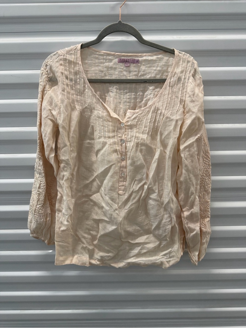 Calypso St. Barth Creamy Pink Pintuck Henley Blouse With Embroidered Sleeves
